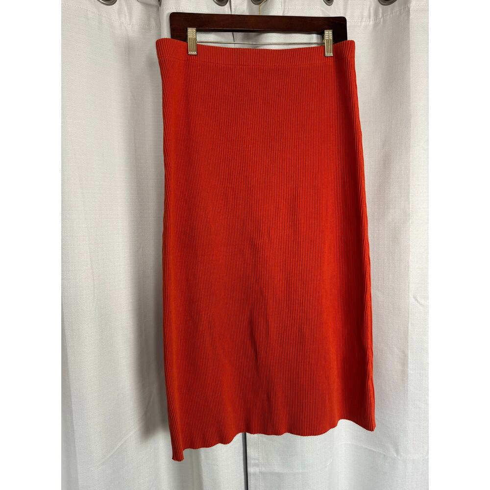 Vince Ribbed Midi Skirt Orange Knit Pencil Stretch L - Picture 2 of 4
